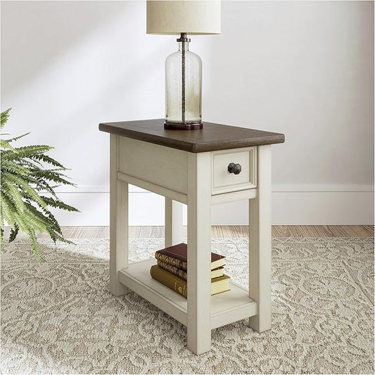 Signature Design by Ashley Bolanburg | Farmhouse Chair-Side End Table – USB Charging Ports, Drawer, Two-Tone Light Brown & Whitewash