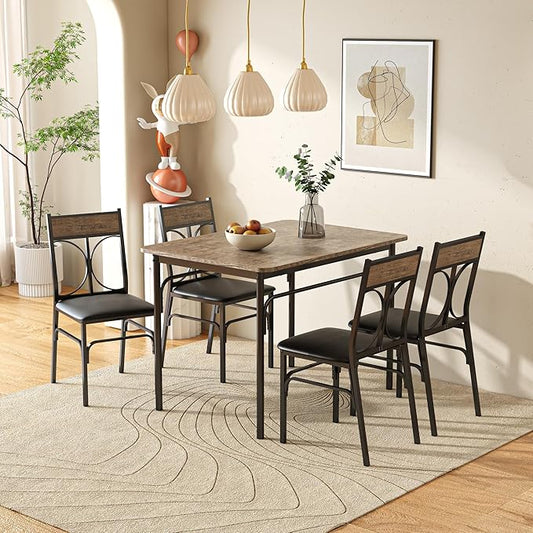 VECELO 5-Piece Dining Table Set for Home Kitchen Small Space Breakfast Nook, 4 Faux Leather Metal Frame Chairs,Rustic Brown,Set for 4