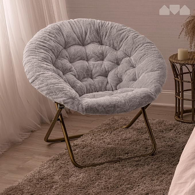 Milliard Saucer Chair for Adults, Teens & Kids, Light Grey, Faux Fur XL Circle Chair for Bedroom, Dorm & Gaming, Foldable Comfy Accent Seat for Small Spaces, Folding Moon/Mushroom/Round Style