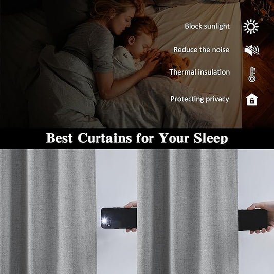 RAIN CITY Grey Linen Curtains 84 Inches Long,100% Blackout Room Darkening Textured Curtains for Bedroom Living Room Thermal Back Tab Rod Pocket Curtains 2 Panels with Hooks 50 x 84