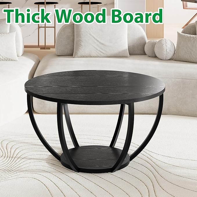 HOMERECOMMEND Round Coffee Table,Wooden 2-Tier Circle Coffee Tables with Storage Shelves,Accent Center Table for Living Room, Sofa Table for Home Office, Black