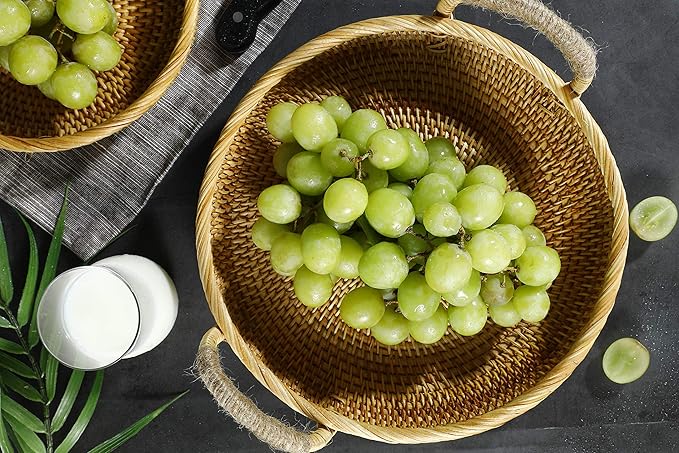 Rattan Round Fruit Basket for Table Wicker Bread Tray with Handle for Serving Food, Crackers, Snacks (11inch D x 1.8inch H)