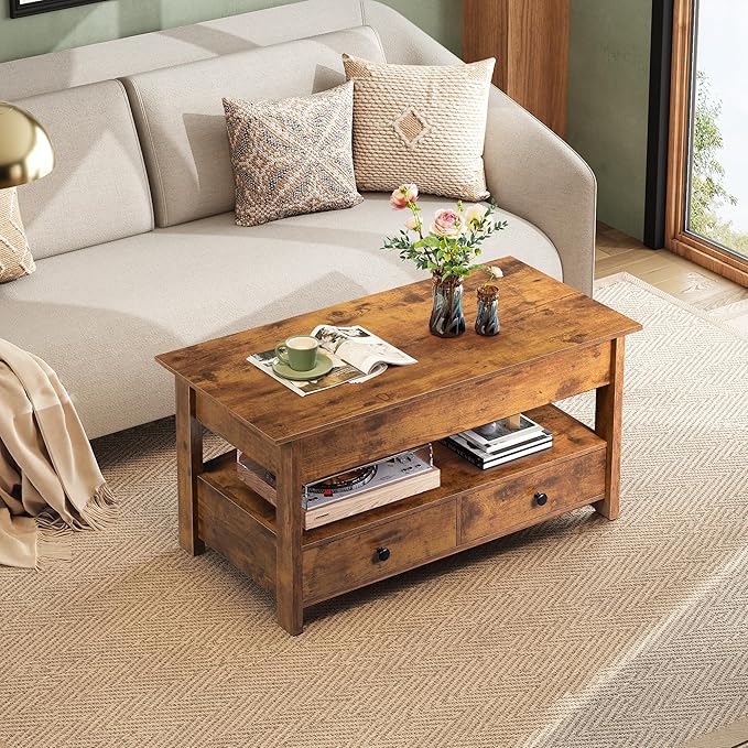 WLIVE Coffee Table, Lift Top Coffee Table with 2 Drawers, Large Hidden Hidden Compartment and Open Shelf, Lift Tabletop, Dining Table for Living Room, Rustic Brown
