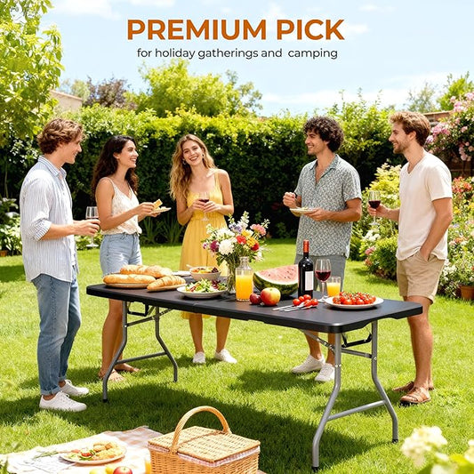 8Ft Foldable Table - Portable Plastic Folding Table with Safety Locks, Lightweight & Durable for Parties, Dining, Weddings, Events, Picnics,Indoor & Outdoor Use (Black, 8FT)