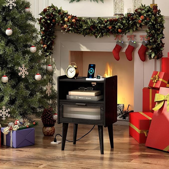 Nightstand with Charging Station, Bedside Tables with Glass Decorative Door, Black Wood Grain End Table, Side Table with 2 Tiers Storage Space for Bedroom Living Room CAMLBZ07XE