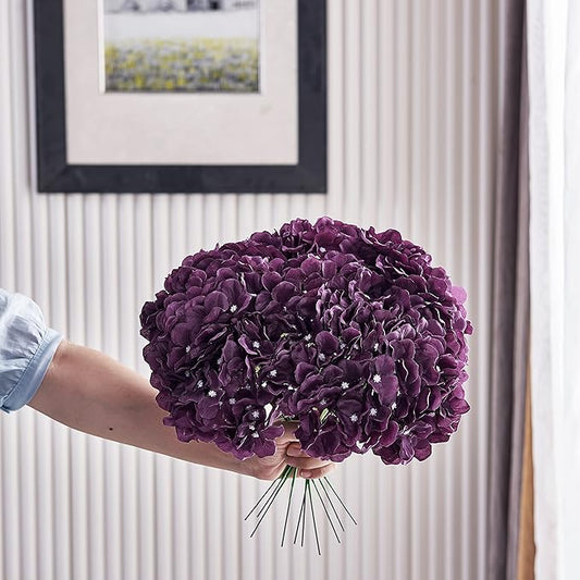 10Pcs Artificial Silk Hydrangea Flower Plum Hydrangea Silk Flowers with Stems for Wedding Bridal Show Centerpieces Bouquets DIY Floral Decor Home Decoration
