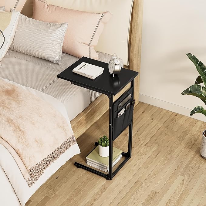 Vagusicc C Shaped End Table, Small Side Table for Couch, Couch Side Table Arm C Table for Sofa, TV Tray Slide Under Sofa Drink Table with Metal Frame for Living Room, Bedroom, Bedside, Black