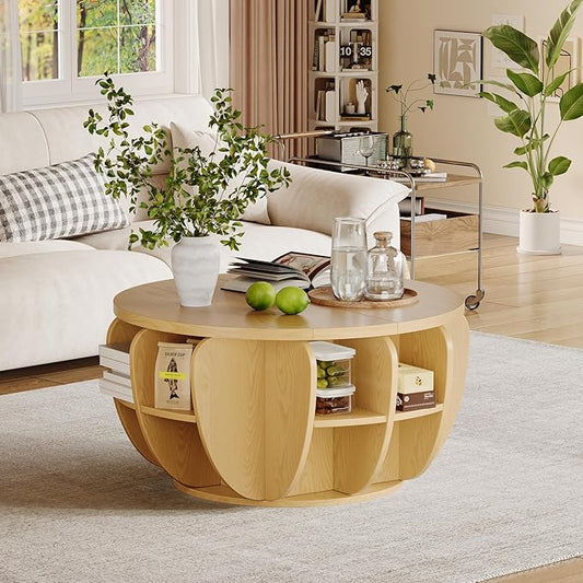 32.7" Lift Top Coffee Table with Storage, Wood Round Center Table with Hidden Storage Compartment & Shelves, Mid Century Modern Coffee Tables for Living Room Rustic Accent Small Center Table Natural