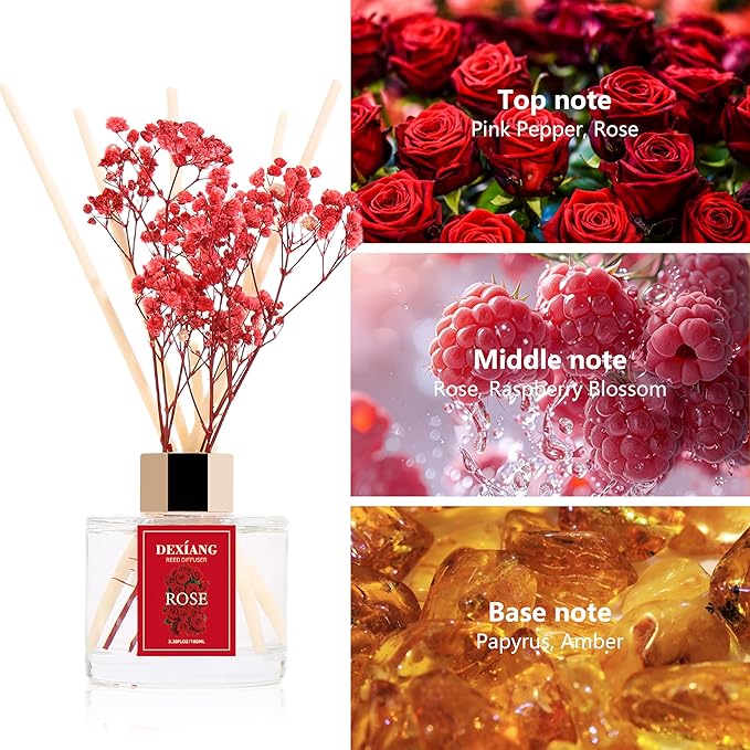 Reed Diffuser Set - 3.38 fl oz (100ml) Rose Home Fragrance Reed Diffuser for Bathroom Shelf Decor 6 Reed Stick