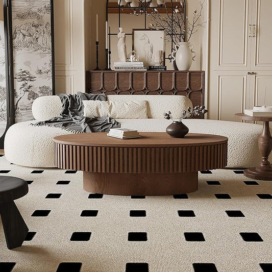 47 Inch Oval Drum Coffee Table with Storage, Handcraft Fluted Drum Coffee Table, Modern Wooden Oval Cocktail Tea Table Center Table with Sturdy Pedestal for Living Room Apartment (Walnut)