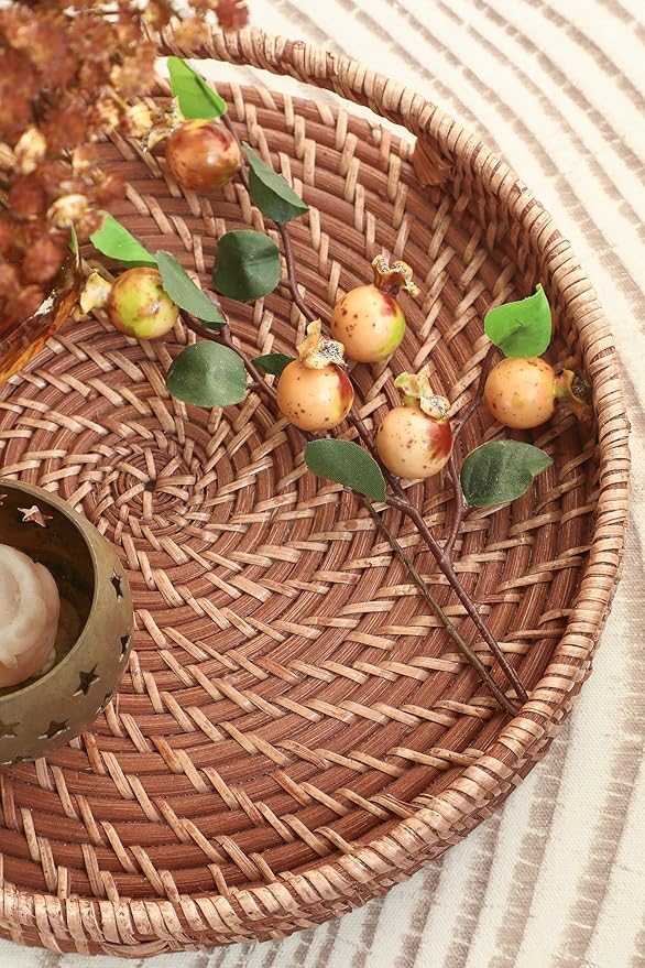 HITOMEN 11.8" Hand-Woven Round Rattan Serving Tray Decorative Wicker Trays with Handles for Coffee Table (Honey Brown-M)