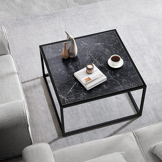 SAYGOER Black Coffee Table Small Square Coffee Table Simple Modern Center Table for Living Room Home Office 27.6 * 27.6 * 15.7Inch Easy Assembly, Black Faux Marble