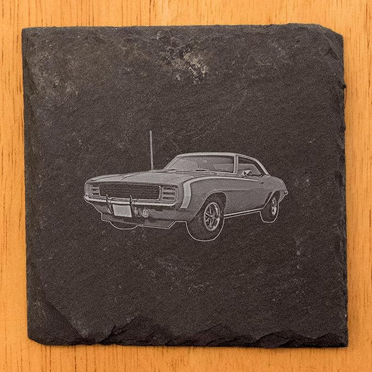 1969 Chevy Camaro RS/SS: Laser-Etched Coasters for Muscle Car Fans - Square Slate - Set of 6
