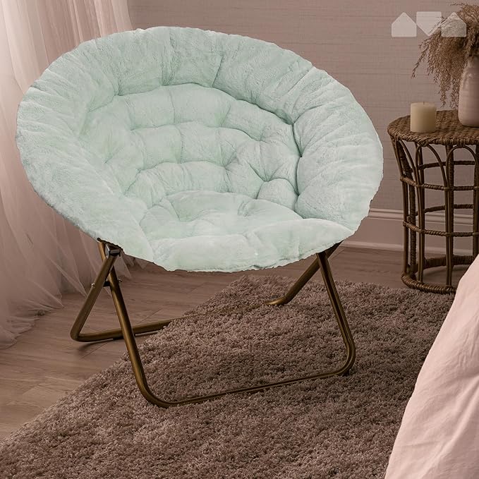Milliard Saucer Chair for Adults, Teens & Kids, Mint, Faux Fur XL Circle Chair for Bedroom, Dorm & Gaming, Foldable Comfy Accent Seat for Small Spaces, Folding Moon/Mushroom/Round Oversized Style