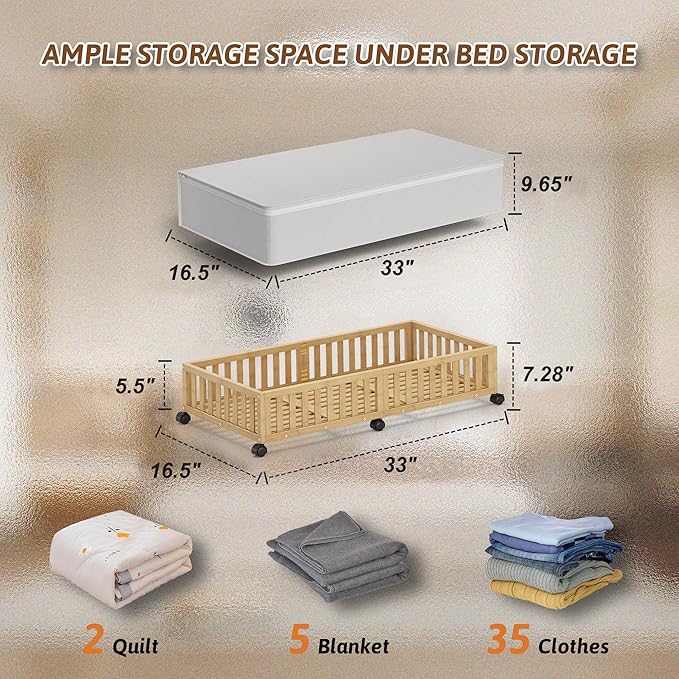 Bamboo Under Bed Storage Containers with Wheels, 2 Pack Large Under the Bed Shoe Storage Bins, Wood Rolling Underbed Drawers Organizer for Bedroom Closet Clothes Blanket Under Crib Toy Nature