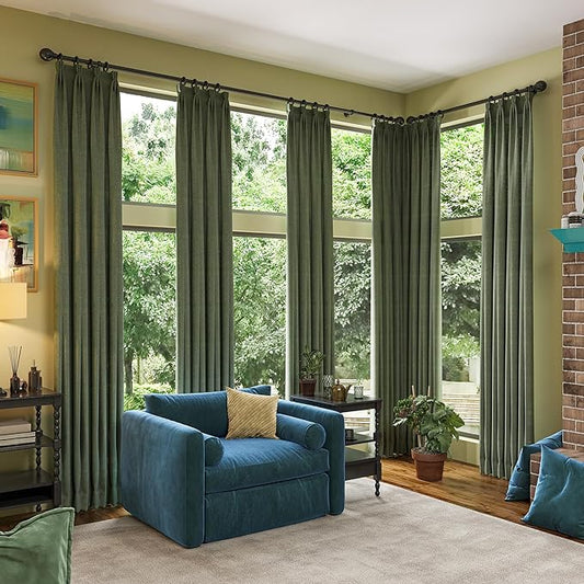 Long Blackout Curtains 108 Inch Long 2 Panels, Back Tab Pleated Look Drapes for Track System with Hooks, Noise Reducing Spring Blackout Winodw Curtains for Living Room 50x108-Loden/Olive Green