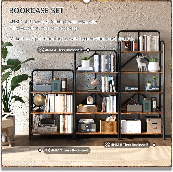 4NM No Assembly Folding Bookshelf, 4 Tiers Collapsible Book Shelves Open Industrial Foldable Storage Bookcase Shelf for Bedroom, Living Room, Home Office - Rustic Brown and Black