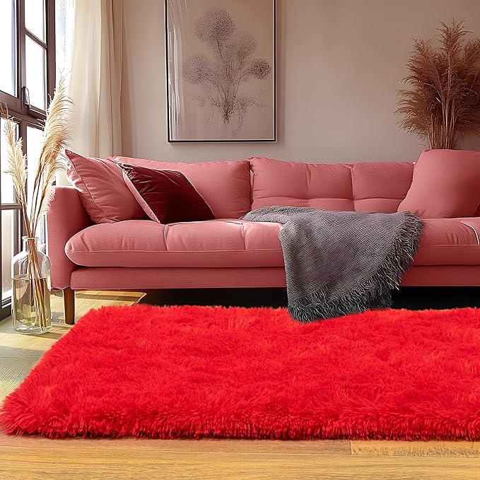 Runner Rugs for Bedroom 2x6 Rug Runners for Hallways Non Slip Soft Shag Bedside Rug, Fluffy Area Rug Throw Rugs for Living Room, Floor Carpet Runner for Nursery Kids Dorm, Red