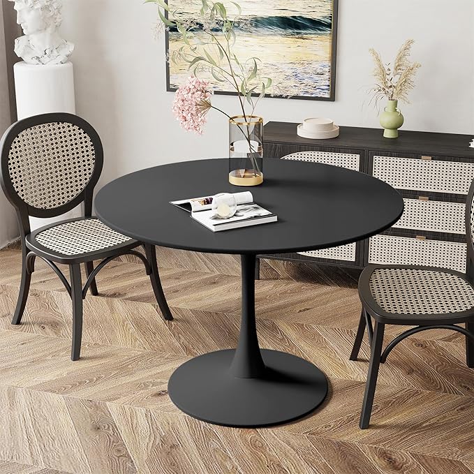 DKLGG Black Round Dining Table, 39.1" Tulip Kitchen Dining Table for 4-5 People with MDF Top & Pedestal Base, Mid-Century End Leisure Coffee Office Living Room Table