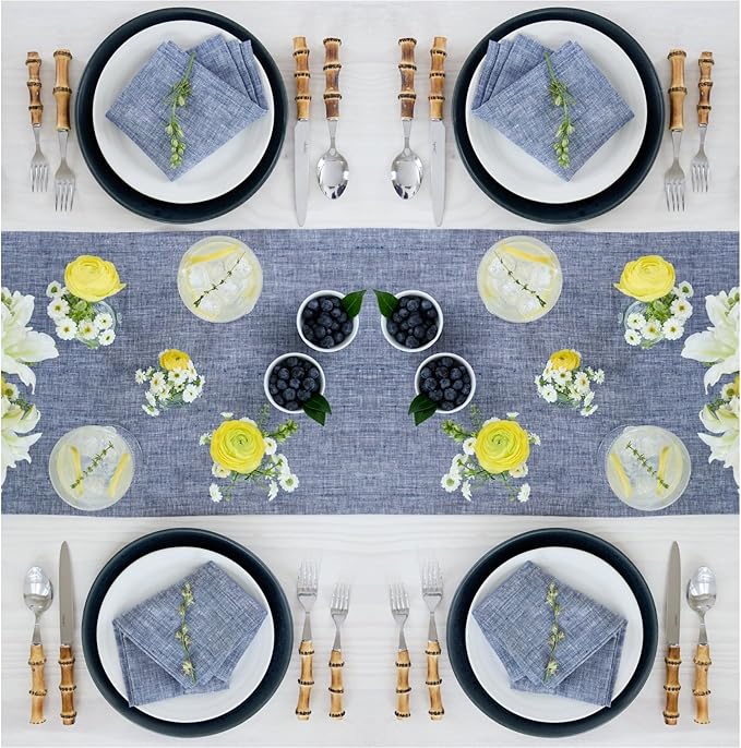 Solino Home Linen Small Table Runner 36 Inches - Athena, 100% Pure Linen Chambray Indigo Table Runner 14 x 36 Inch Ideal for Dresser and Coffee Tables - Christmas, Holiday