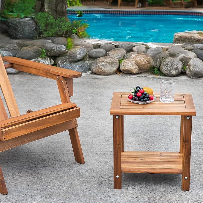 Double Adirondack Side Table, Weather-Resistant Rectangular End Table for Patio, Garden, Lawn, and Living Room. Ideal as a Stylish Indoor and Outdoor Side Table Companion, Natural