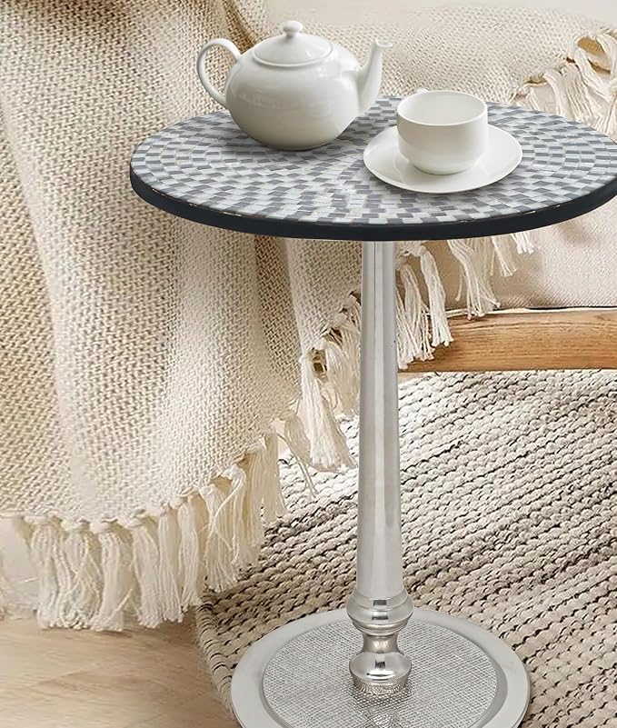 CLEENTABLE Mosaic Coffee Table Stylish Round End Table for Sofa, Living Room, or Bedroom - Elegant Modern Accent Table Decorative Small Side Table with Sturdy Design (Black & Silver)