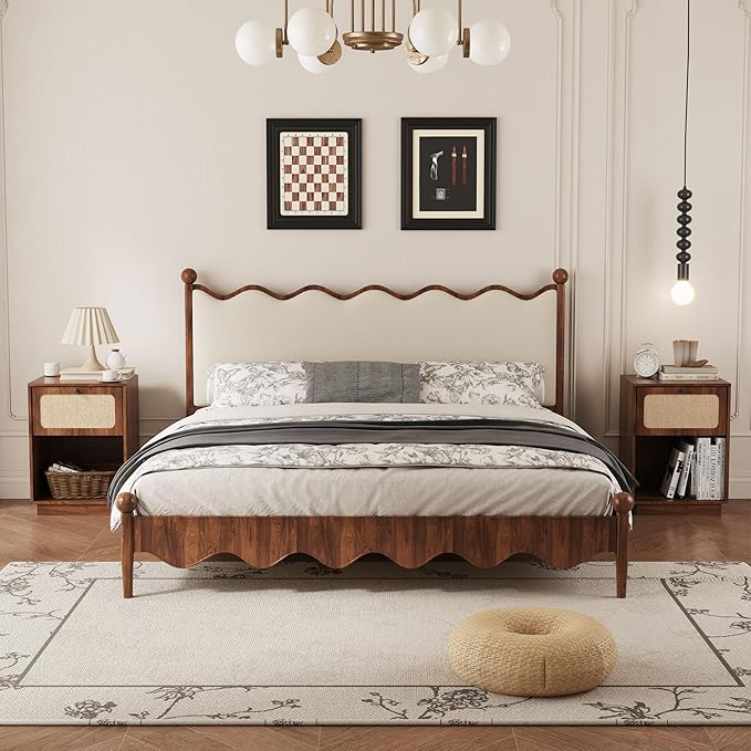 16" Nightstands Set of 2, Mid-Century Vintage Wooden Night Stand with Drawer and Open Shelf, Linen Decor Farmhouse Side Table End Tbale for Bedroom, Dorm, Living Room (Walnut)