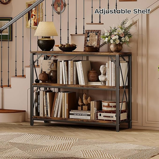 Homeiju Entry Table 40" Width, 3-Tier Entryway Table with Storage, Industrial Sofa Table with Open Shelves, Foyer Tables for Entryway, Hallway, Kitchen, Living Room and Bedroom, Rustic Brown