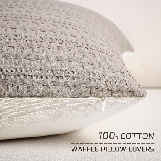 ZeeMart 100% Cotton Waffle Textured Throw Pillow Covers Set of 2, 22x22 Inch Cocoa Brown, Soft Farmhouse Decorative Couch Pillow Cases Brown Cushion Covers for Sofa Bed Living Room Home Decor