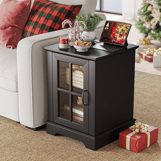 LINSY HOME End Table with Charging Station, Modern Side Table with Storage Cabinet and Adjustable Shelf, Small Sofa Table for Living Room, Home Office, Black