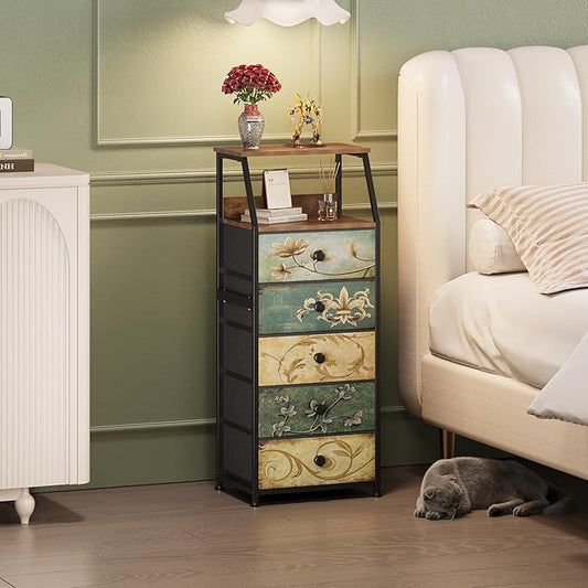 Tohomeor Nightstand with Fabric Drawers Dresser with 2 Tier Shelf Storage Tower for Bedroom Hallway Entryway Closet Organizer Sofa Beside Table Furniture (Multi, 5 Drawers)