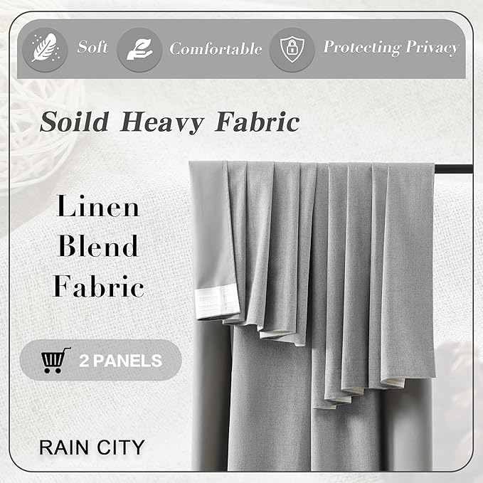 RAIN CITY Grey Linen Curtains 84 Inches Long,100% Blackout Room Darkening Textured Curtains for Bedroom Living Room Thermal Back Tab Rod Pocket Curtains 2 Panels with Hooks 50 x 84