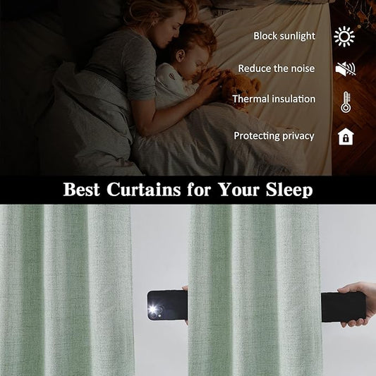 RAIN CITY Light Green Linen Blackout Curtains 63 Inch Long for Living Room,2 Panels Pinch Pleated Drape with Hooks Back Tab Boho Decor, Textured Full Black Out Curtains for Bedroom 50 x 63
