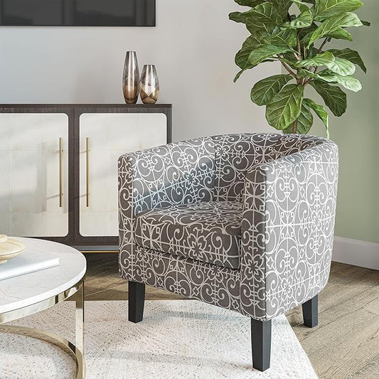 BELLEZE Accent Barrel Chair, Linen Round Chair Club Tub Sofa Corner Chair with Flared Legs and Cozy Soft Padding for Living Room Bedroom Waiting Room - White & Gray