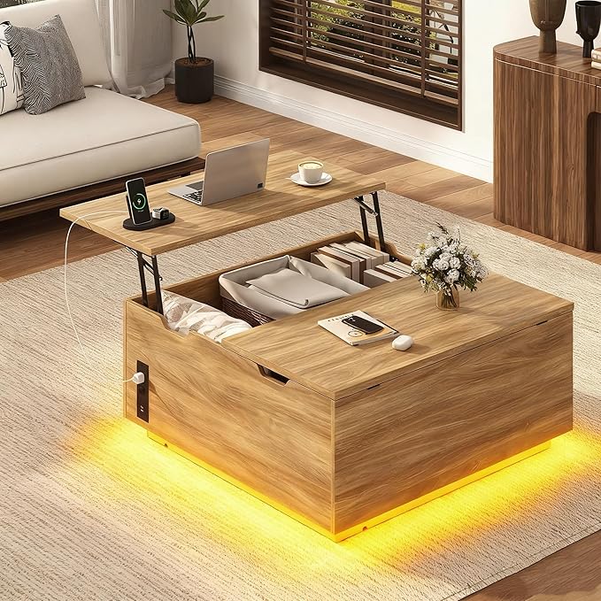36" Lift Top Coffee Table with Storage, Wood Square Coffee Table with LED Lights and Charging Station, Multi-Function Living Room Center Table with Large Hidden Space, Oak