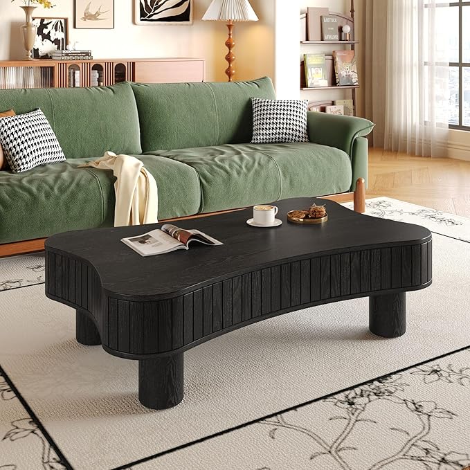 42.5" Lift Top Fluted Coffee Table with Hidden Storage Compartment, Modern Cloud-Shaped Wooden Center Table Cocktail Tea Table with Curved Safety Corners and Adjustable Height, Black