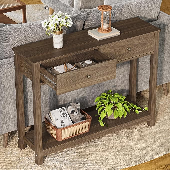 Gizoon Console Table with 2 Drawers, 2-Tier Wood Entryway Table with Storage Shelves, 39" W Wood Accent Sofa Table for Front Hall, Hallway, Living Room, Dark Brown