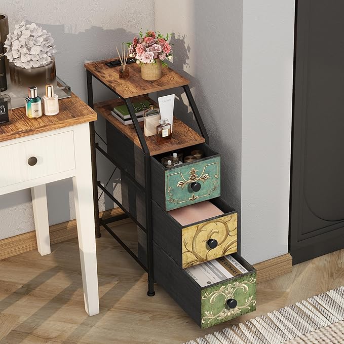 Tohomeor Narrow Dresser Tall Skinny Storage Tower Vertical Slim Chest of Drawers with Charging Station Small Nightstand Side Table for Bedroom, Bathroom, Small Spaces (Retro Flower, 3 Drawers)