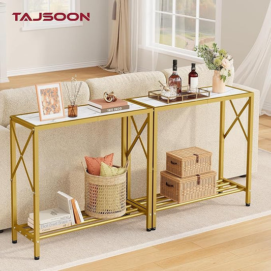 Tajsoon 28.3" Entryway Table, 2-Tier Small Consle Table for Entryway, Narrow Sofa Table with Shelves, Entrace Table for Hallway, Living Room, Corridor, Office, Gold & White