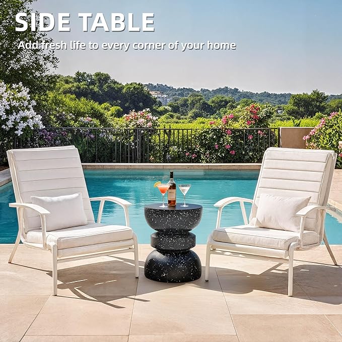 18" Outdoor Side Table, Modern Hourglass Garden Stool in Painted Faux Terrazzo-Look, Patio Coffee Accent Table Decorative, Durable Weatherproof & Easy Assembly Round Table for Room Porch Black