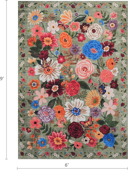 Floral Washable 6x9 Area Rugs Green, Soft Bedroom Rug for Living Room Ultra-Thin Non Slip Dining Room Rug, Stain Resistant Rugs Easy Clean Throw Carpet for Office(6 x 9, Green Garden)