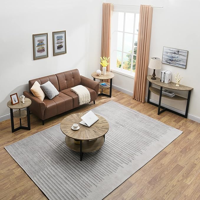 Round Coffee Table with Storage Shelf, 33.5in Circle Accent Center Table with Black Metal Legs, 2-Tier Industrial Cocktail Table for Living Room, Yellowish Brown-1338