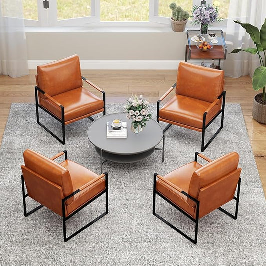 INZOY Mid Century Modern Accent Chair with Removable Cushions Set of 6, Comfy PU Leather Living Room Chairs with Thicker Backrest and Cushion, Metal Frame Design, Brown