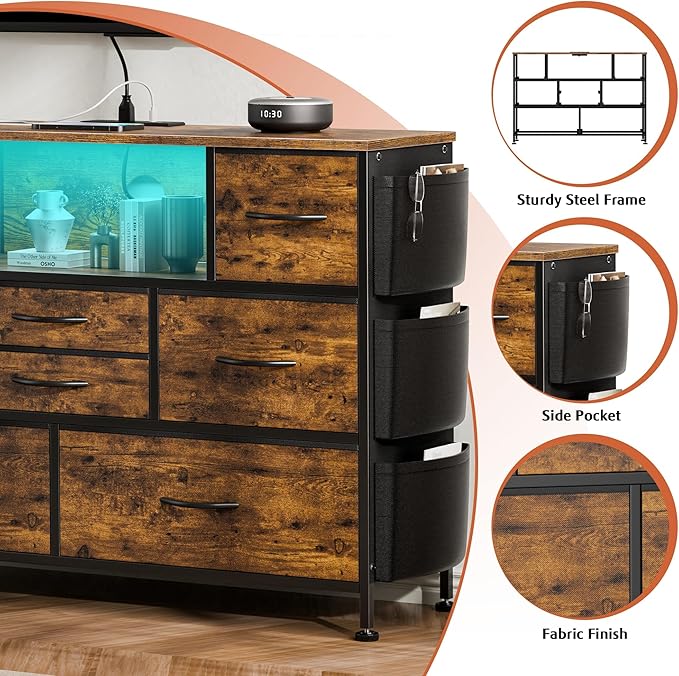 Dresser for Bedroom with 8 Drawers, Dresser TV Stand with LED Lights, Fabric Chest of Drawers with Side Pocket for Living Room, Entryway, Bedroom Furniture (Rustic Brown)