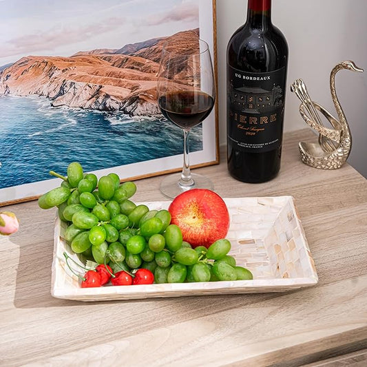 PEMAR 12"x7" Mother of Pearl Decorative Tray with Raised Edge for Coffee Table Perfume Living Room Kitchen Bathroom. Elegant Multipurpose Centerpiece Vanity, Fruit Display Serving Tray & Bowl