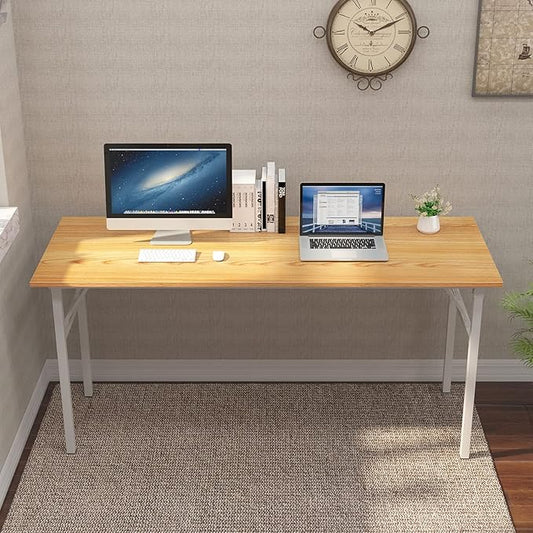 Need Home Office Desk - 62 Inches Large Computer Desk Sturdy Black Table Foldable Desk Gaming Computer Table No Assembly Required Teak&White AC5BW(157.5 * 60)