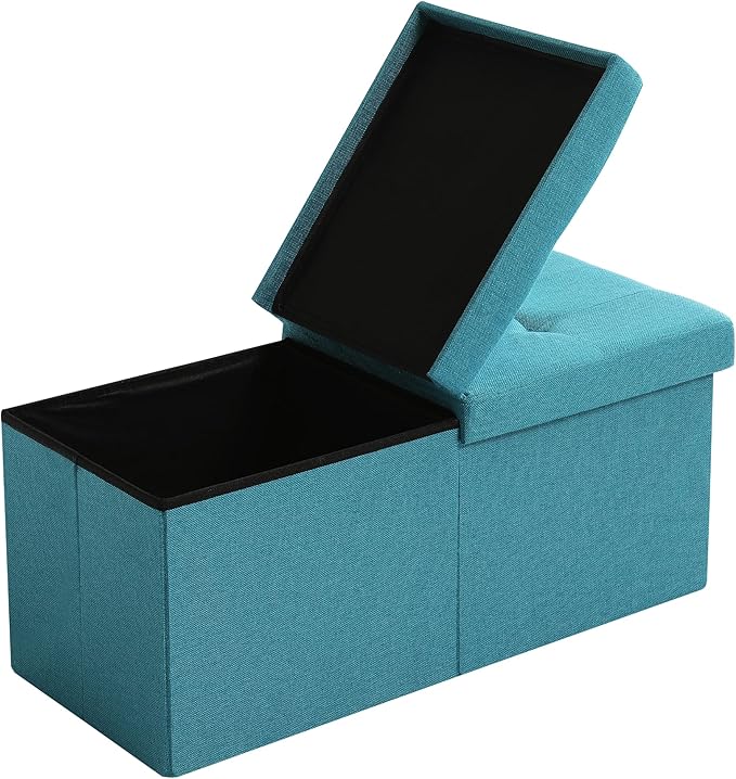 CUYOCA Storage Ottoman Bench Foldable Seat Footrest Shoe Bench End of Bed Storage with Flipping Lid, 75L Storage Space, 30 inches Linen Fabric Teal Blue