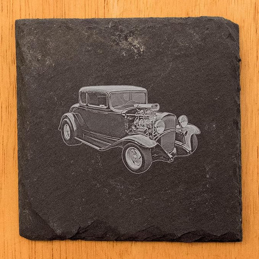 1932 Chevy Hot Rod: Laser-Etched Coasters for Gearheads - Square Slate - Set of 8
