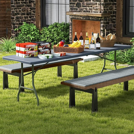 Goplus 8ft Plastic Folding Table, 350 LBS Outdoor Heavy Duty Folding Tables with HDPE Tabletop, Handle, Lock, Foldable Rectangle Portable Utility Card Table for Picnic, Party, Camping, Dining