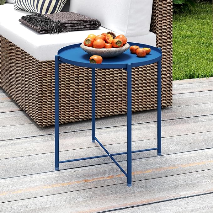 HollyHOME Round Metal Side Table, Outdoor Small Folding Accent Stand with Removable Tray, 17.72'' Portable End Table for Balconies, Gardens, Living Rooms and Bedrooms, Navy Blue
